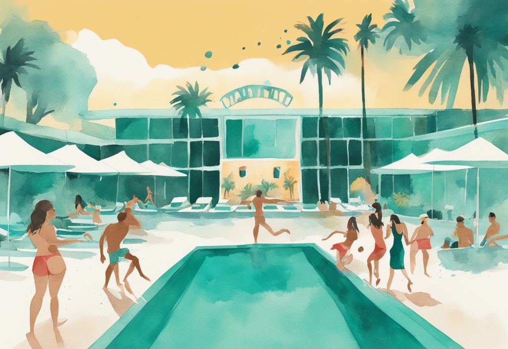 Minimalistisk akvarellillustration av festdeltagare i en livlig pool omgiven av palmer, med Pambos Napa Rocks hotell i bakgrunden, huvudfärg tema är teal.