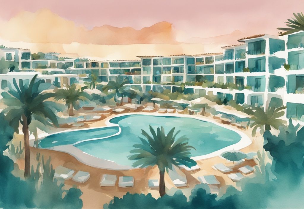 Minimalistisk akvarellillustration av Atlantica Mare Village Ayia Napa med turkosa färger, pittoreska pooler, frodig grönska och inbjudande boenden i solnedgångens sken.