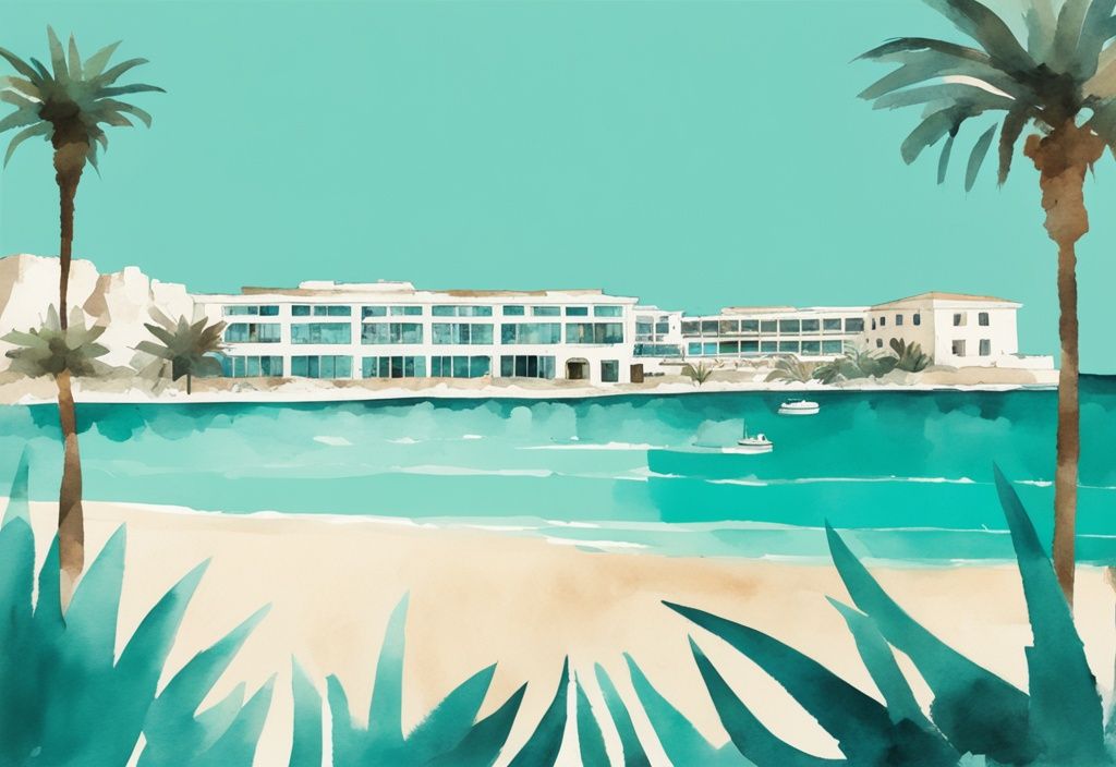 Minimalistisk akvarellillustration av Christofinia Hotel i Ayia Napa med turkost hav i bakgrunden och solbelysning.