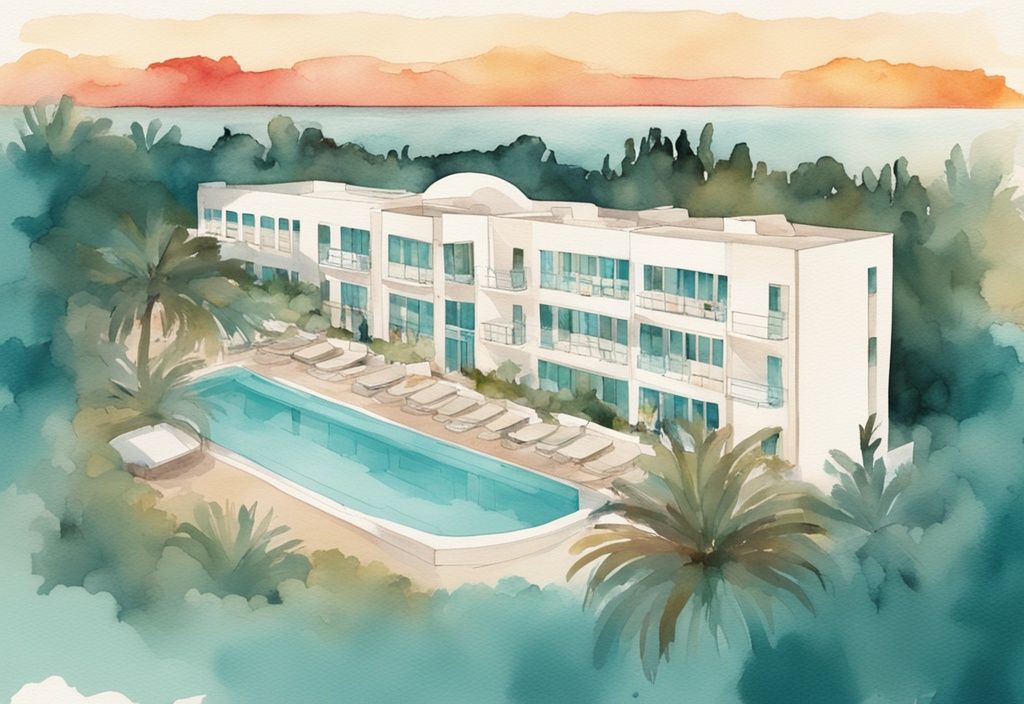 Minimalistisk akvarellillustration av Christofinia Hotel Ayia Napa med anlagda pooler och medelhavsarkitektur mot en vacker solnedgång i teal färgtema.