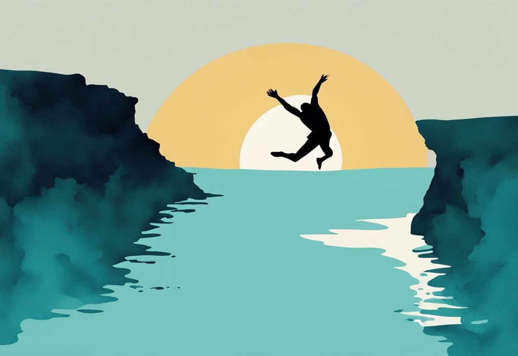 Minimalistisk akvarellillustration av en modig dykare som hoppar från en klippa in i det kristallblå vattnet i Ayia Napa, med temat cliff jumping ayia napa.