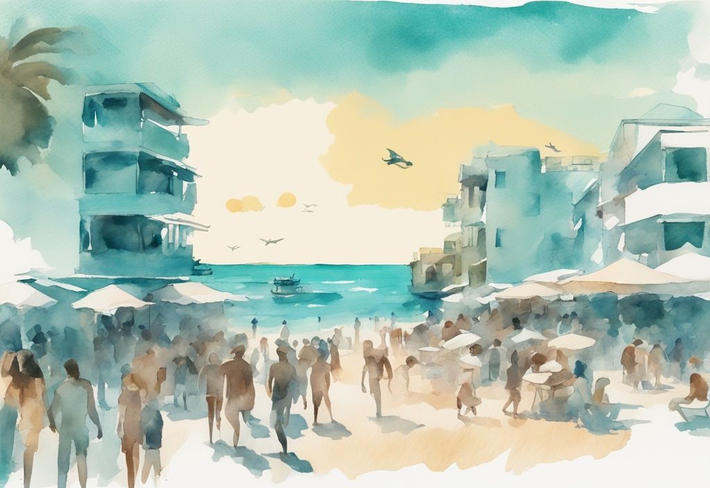 Minimalistisk akvarellillustration av Ayia Napa-stranden med turister under en klarblå himmel, dominerande färgtema är teal.