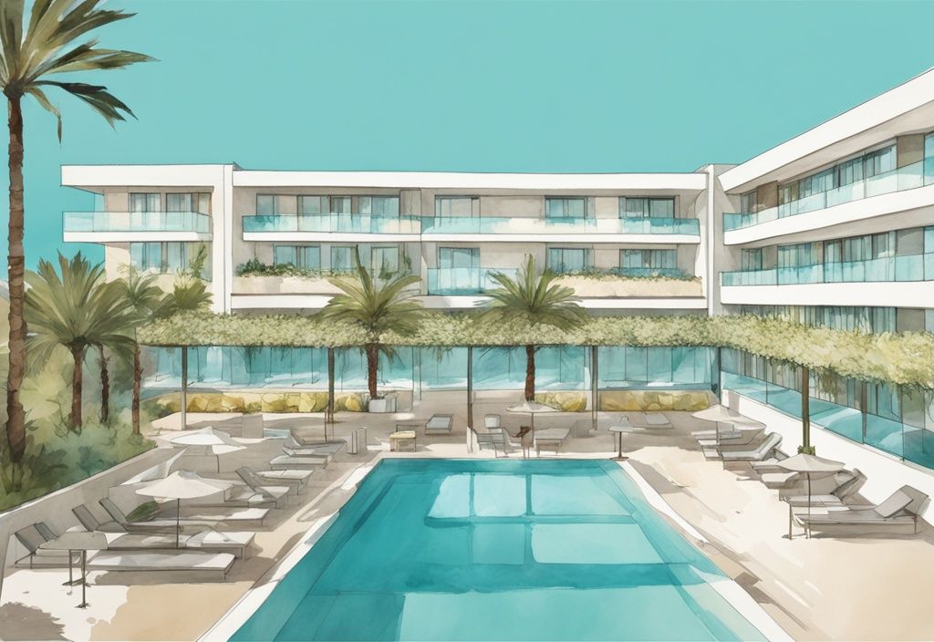 Minimalistisk akvarellillustration av Sunprime Ayia Napa Suites med modern arkitektur, omgiven av frodiga trädgårdar under en klarblå himmel.