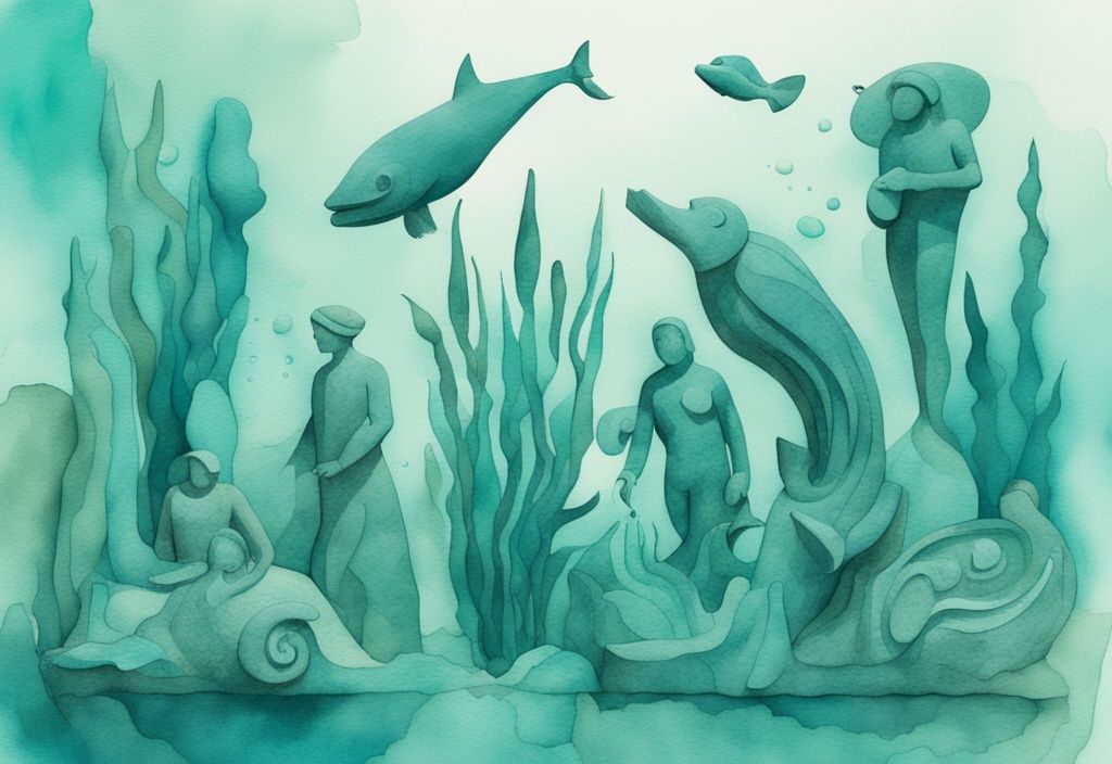 Minimalistisk akvarellillustration med teal färgtema som visar intrikata undervattensskulpturer och livfullt marint liv i Musan Museum of Underwater Sculpture i Ayia Napa.