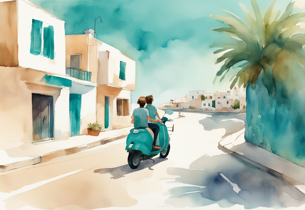 Minimalistisk akvarellillustration av ett par som glatt åker på en hyrd moped genom Ayia Napas pittoreska kustlandskap i dagsljus, med huvudfärgen teal.