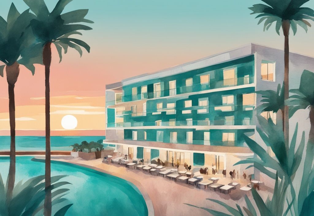 Minimalistisk akvarellillustration av Eligonia Ayia Napa hotell omgiven av frodig grönska och utsikt över en livlig strand vid solnedgången, med huvudfärgen teal.