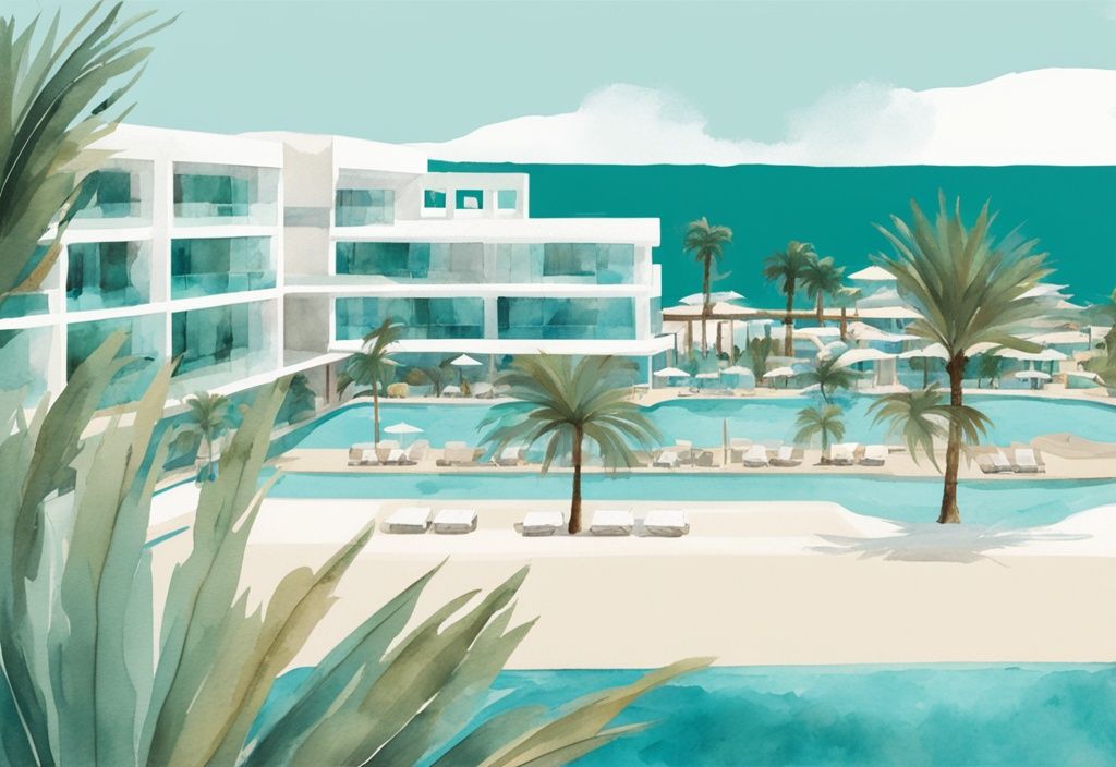 Minimalistisk akvarellillustration av Olympic Lagoon Resort Ayia Napa med palmer, inbjudande pooler och Medelhavet i bakgrunden.