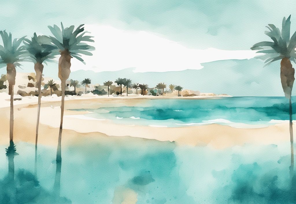 Minimalistisk akvarellillustration av Sungarden Beach i Ayia Napa med kristallklart vatten, gyllene sand och pittoreska palmer i en färgtematik av teal.