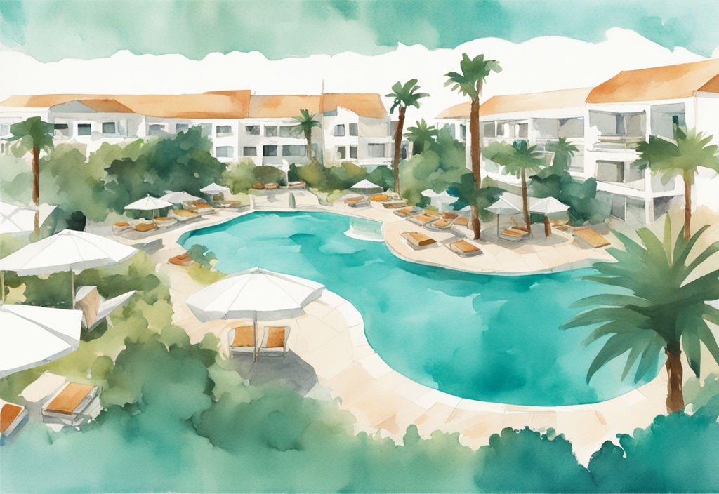 Minimalistisk akvarellillustration av Sunwing Resort i Ayia Napa med frodiga trädgårdar, inbjudande pooler och gnistrande Medelhavet i bakgrunden, huvudsakligen i teal färgtema.