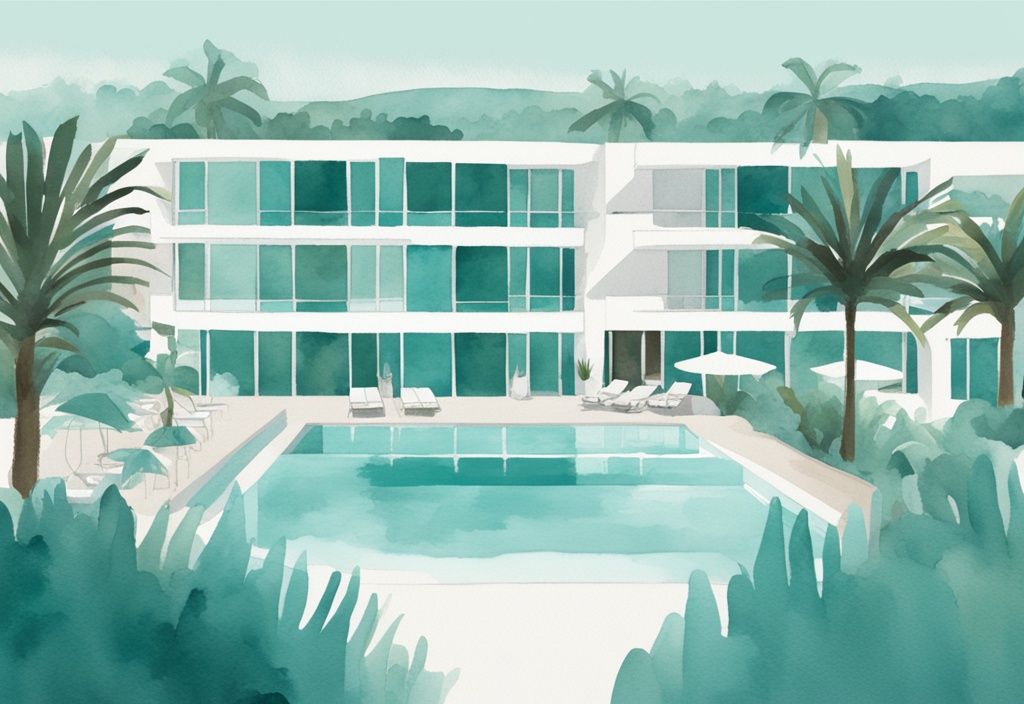 Minimalistisk akvarellillustration av Anesis Hotel Ayia Napa med modern arkitektur, ren simbassäng och frodig grönska.