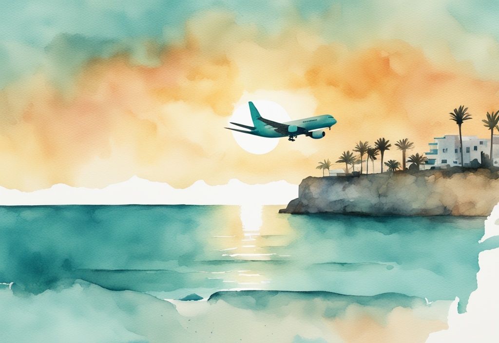 Minimalistisk akvarellillustration av ett flygplan som flyger över Ayia Napas kust vid solnedgången, med teal som huvudfärg.