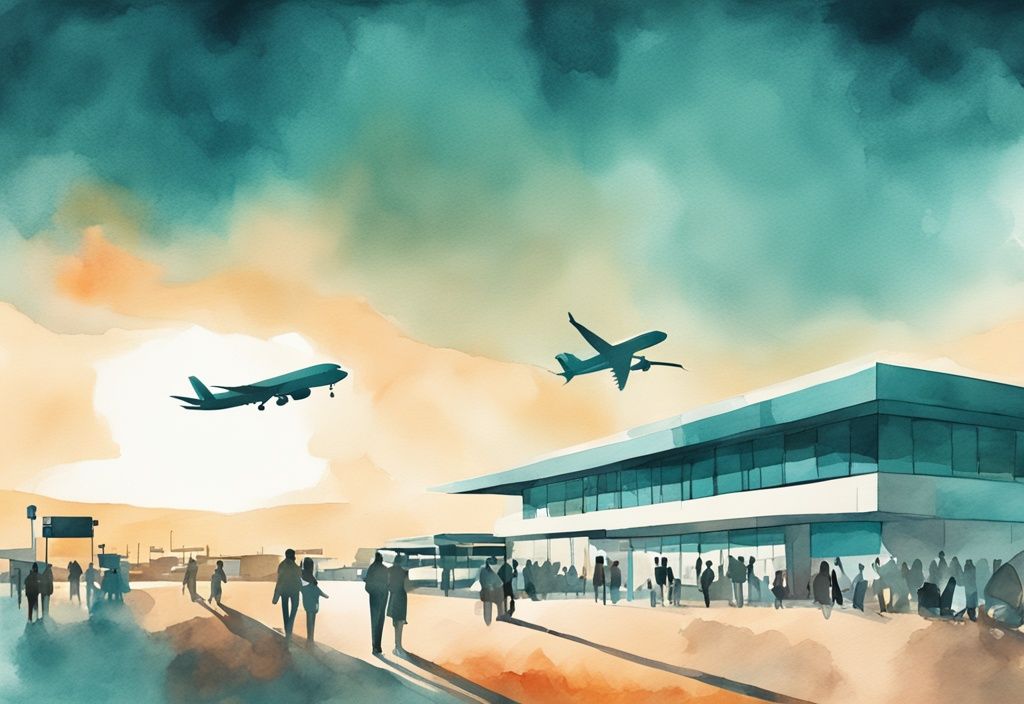 Minimalistisk akvarellillustration av Ayia Napa flygplats med väntande passagerare, flygplatsens arkitektur och flygplan som lyfter mot en fantastisk solnedgång, i huvudfärgen teal.