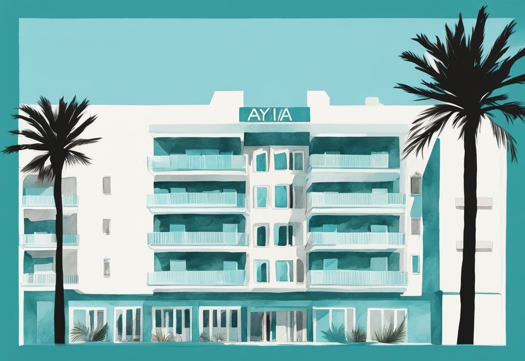 Minimalistisk akvarellillustration av Petrosana Hotel Ayia Napa med teal färgtema, som visar balkonger och omgivande palmer under solen.