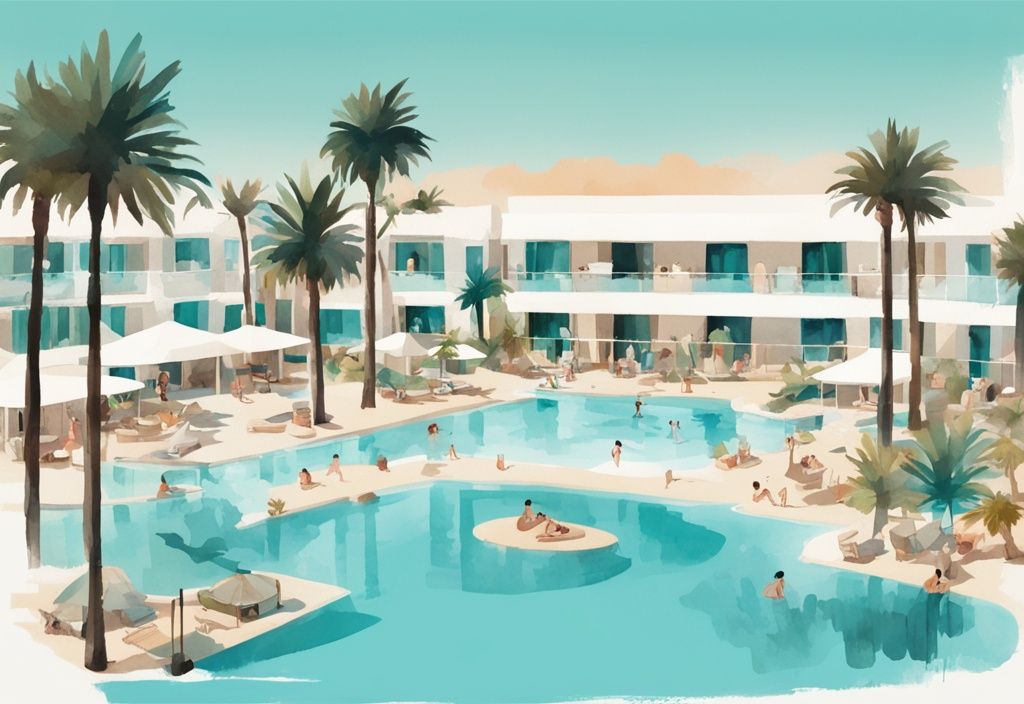 Minimalistisk akvarellillustration av Sunwing Resort Ayia Napa med frodiga palmer, kristallklar pool och familjer som njuter av sommarsemestern.