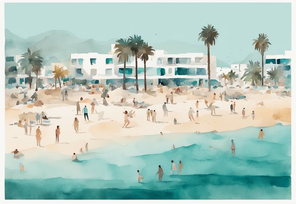 Minimalistisk akvarellillustration av Ayia Napa strand med människor i ljusa kläder som njuter av mild novemberväder, huvudsaklig färgtema är teal.