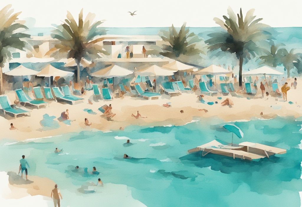 Minimalistisk akvarellillustration av en livlig klubbscen på en sandig strand i Ayia Napa, med turkost blått vatten, solstolar och en livlig folkmassa som njuter av havsbrisen.