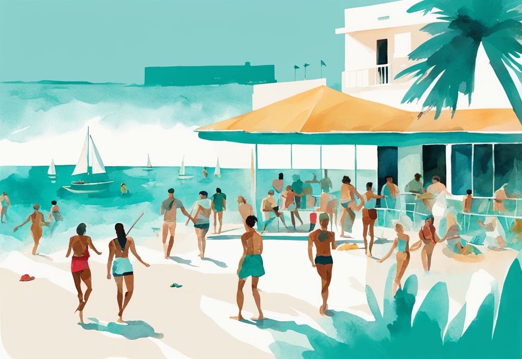 Minimalistisk akvarellillustration av turister som njuter av vattensporter på Nissi Beach, besöker Thalassa-museet och dansar på en nattklubb vid Ayia Napas ikoniska kustlinje, att göra i Ayia Napa.