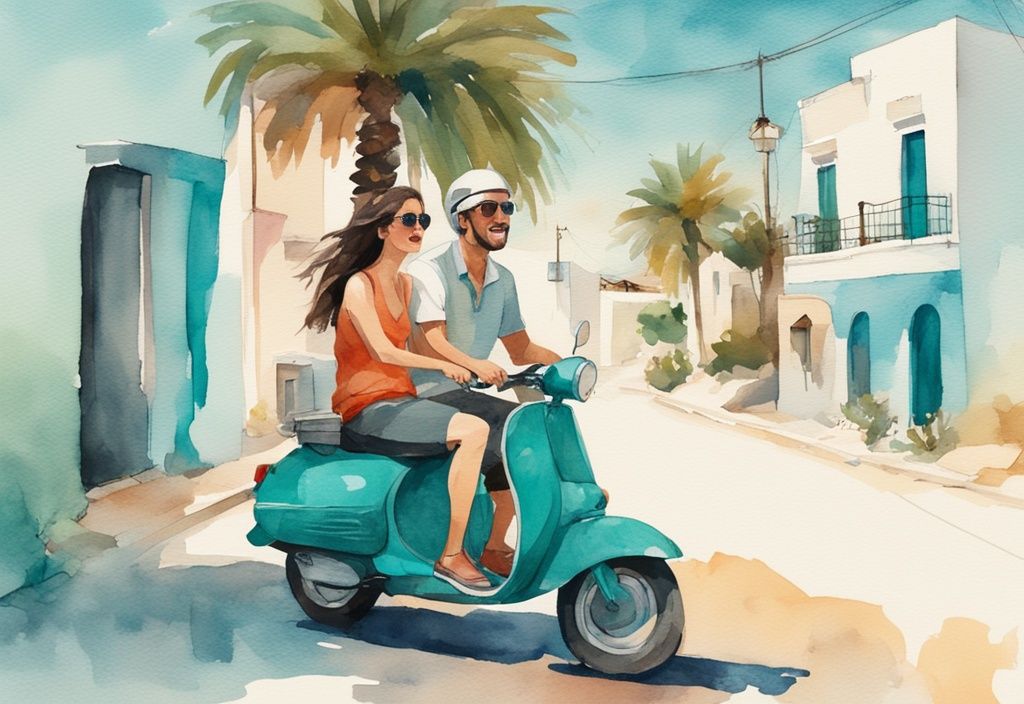 Minimalistisk akvarellillustration av ett par som glatt kör en hyrd moped genom Ayia Napas pittoreska kustlandskap i dagsljus, med huvudfärgen teal.