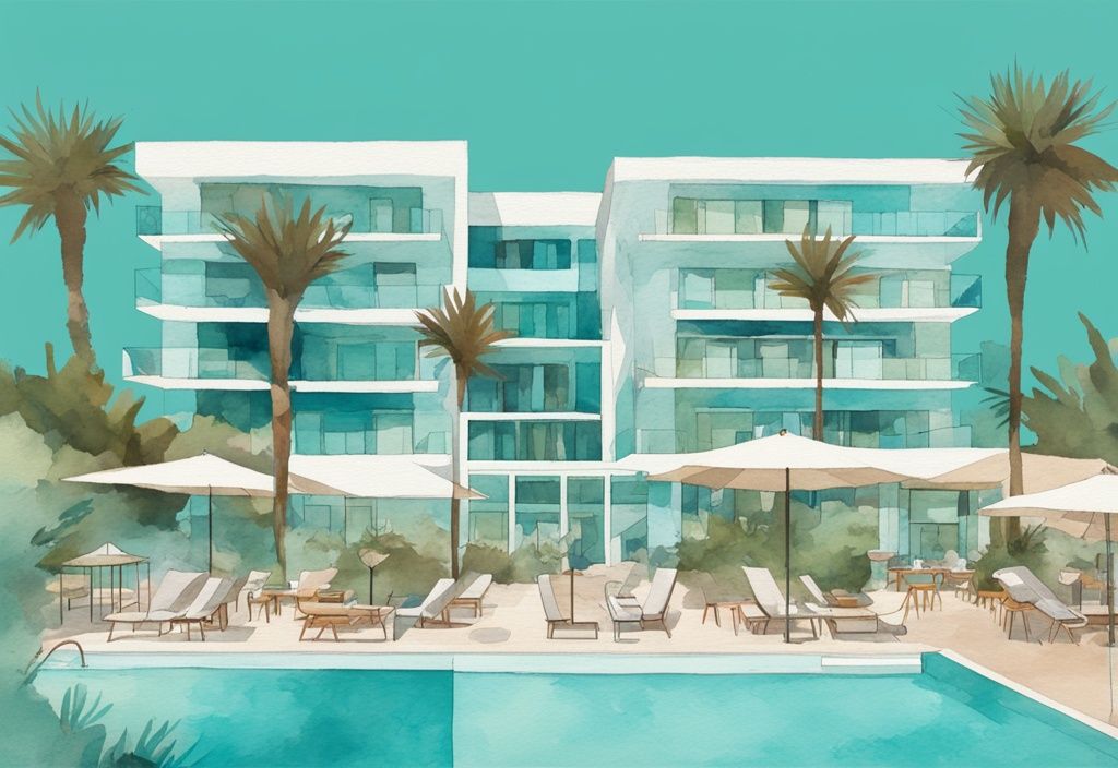 Minimalistisk akvarellillustration av Nicholas Color Hotel i Ayia Napa med färgglad exteriör, livlig poolområde och omgivande tropisk grönska.