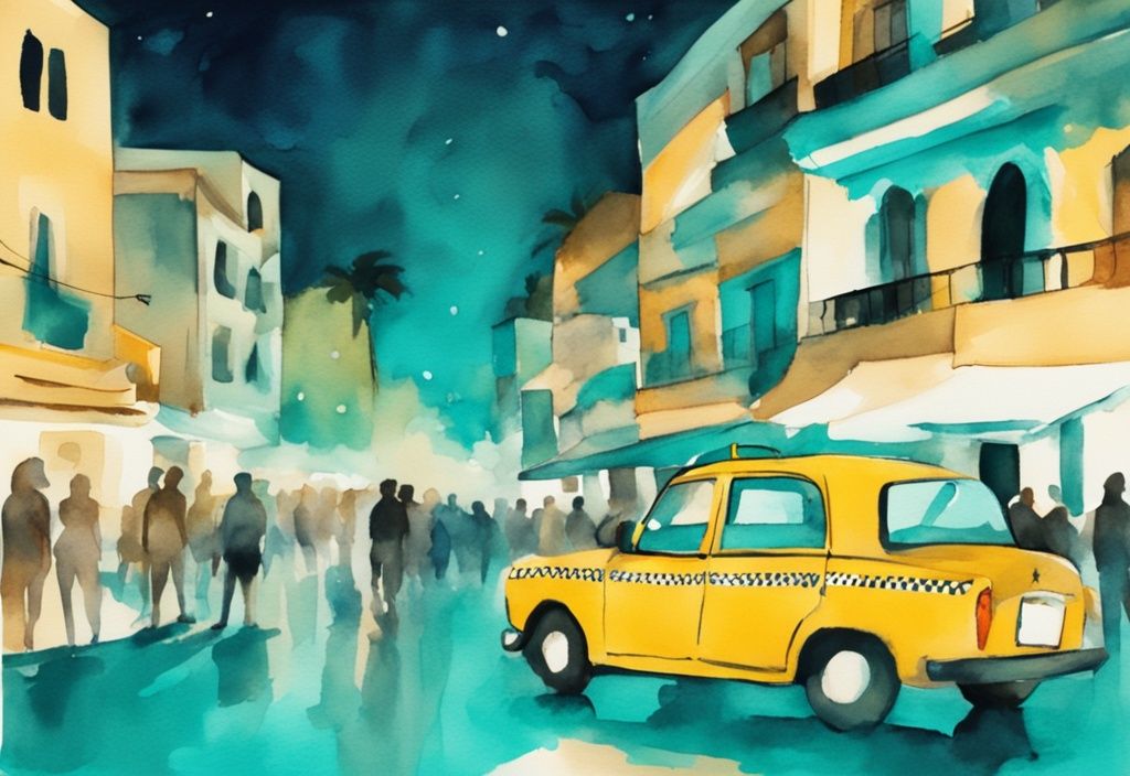 Minimalistisk akvarellillustration av en taxi som kör längs en livlig nattgata i Ayia Napa, med tealfärg som huvudtema och som speglar den livliga medelhavskulturen.