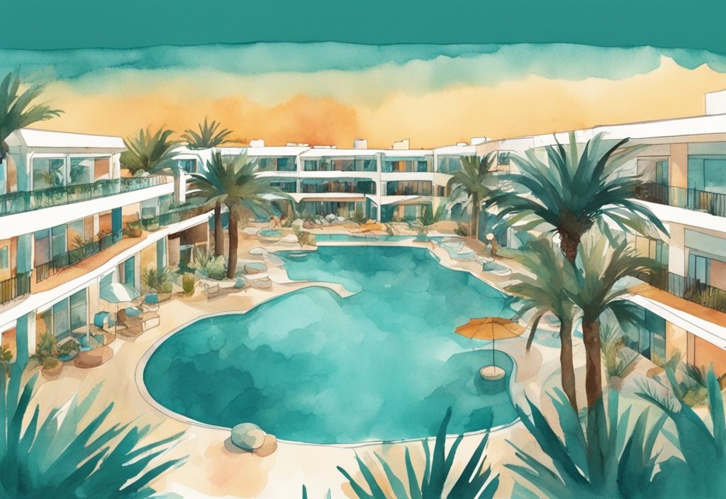 Minimalistisk akvarellillustration av Atlantica Mare Village Ayia Napa med turkosa färger, som visar pittoreska pooler, frodig grönska och inbjudande boenden i solnedgångens sken.