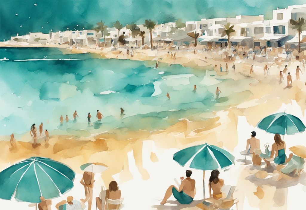 Minimalistisk akvarellillustration av Ayia Napa strand med kristallklart vatten, gyllene sand, paraplyer och människor som njuter av Medelhavssolen, i en färgpalett av teal.