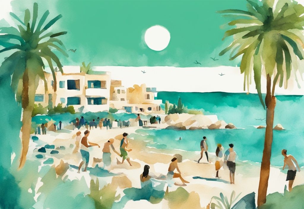 Minimalistisk akvarellillustration av Ayia Napa, Cypern med teal färgtema, kustlinje, gröna landskap och människor som njuter av solen. ving cypern ayia napa