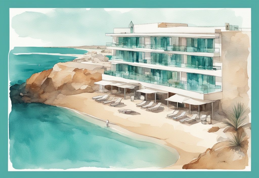 Minimalistisk akvarellillustration av Anonymous Beach Hotel i Ayia Napa med teal färgtema, beläget vid kusten med vågor som möter sandstranden.