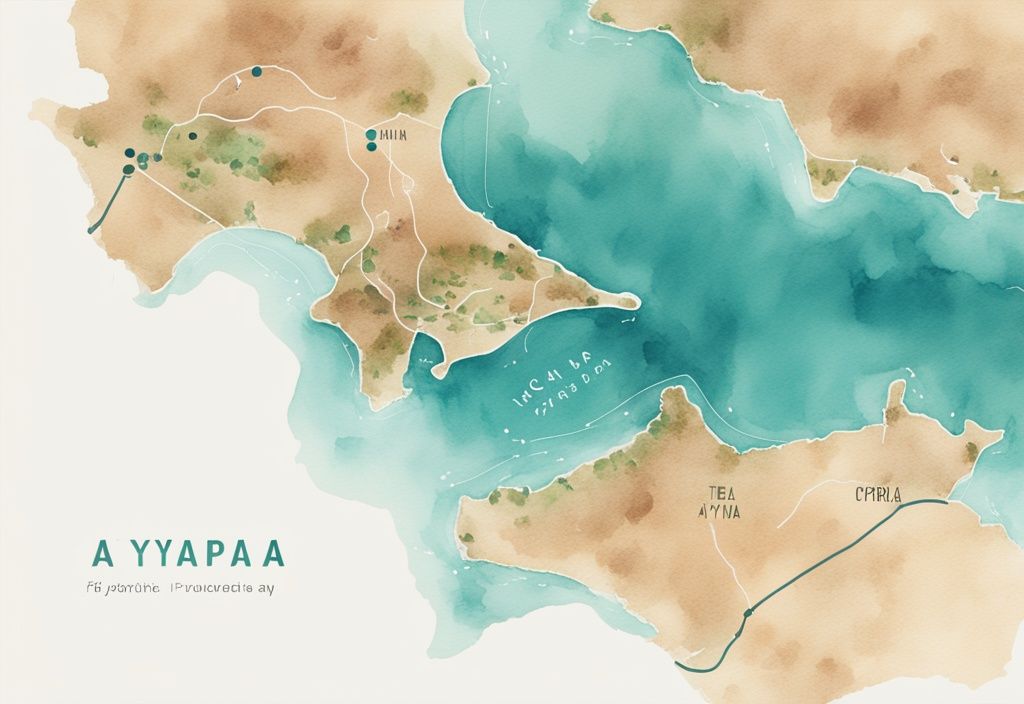 Minimalistisk akvarellillustration med en pittoresk rutt från Fig Tree Bay till Ayia Napa på en karta över Cypern, omgiven av sevärdheter, dominerande färgtema är teal.