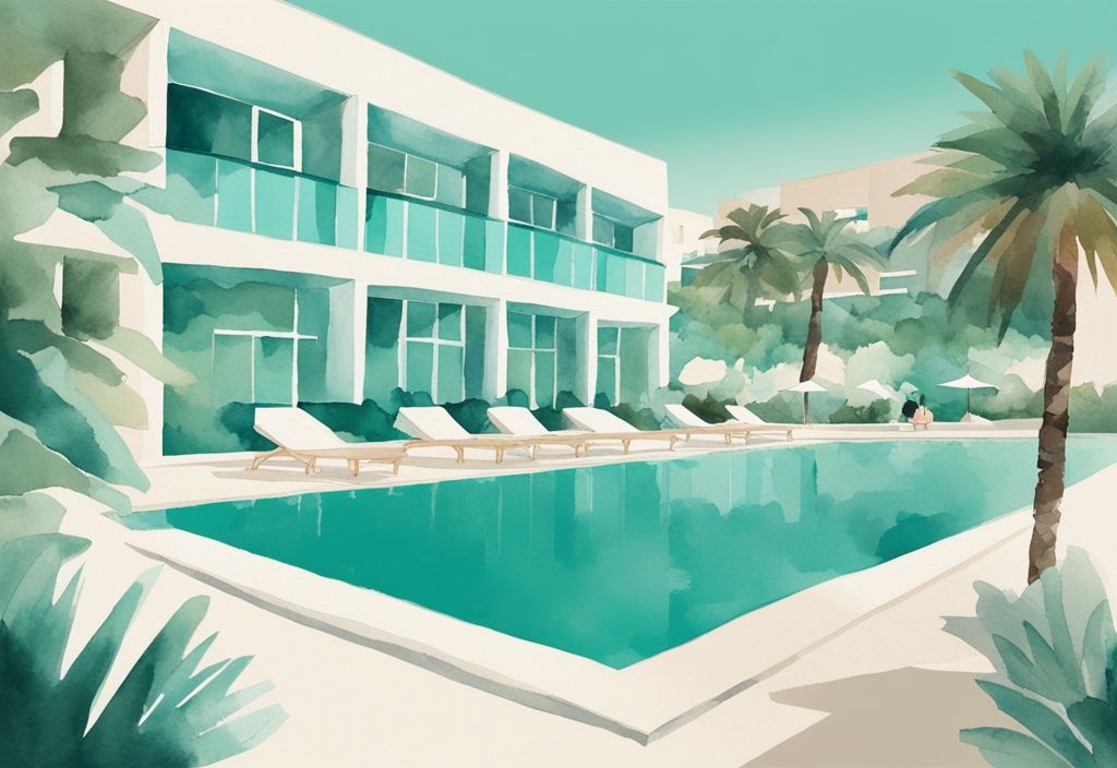 Minimalistisk akvarellillustration av Anesis Hotel Ayia Napa med modern arkitektur, ren pool och frodig grönska.