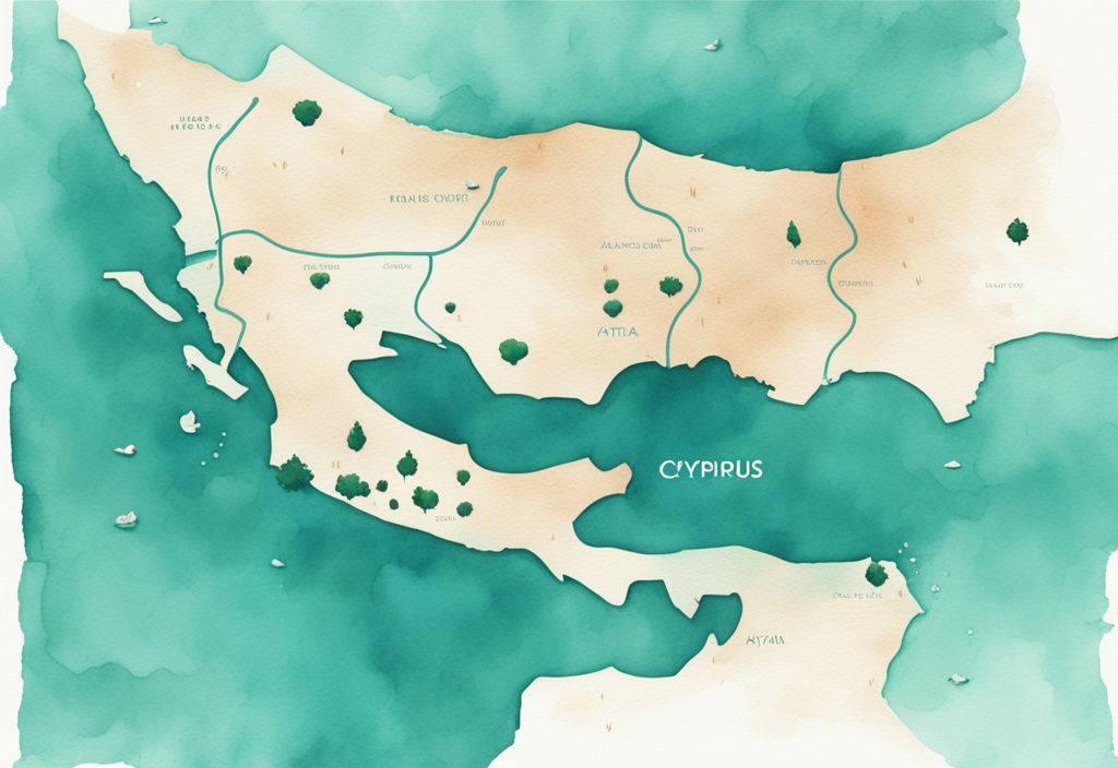 Minimalistisk akvarellillustration som visar en karta över Cypern med avståndet mellan Protaras och Ayia Napa, avstånd protaras ayia napa