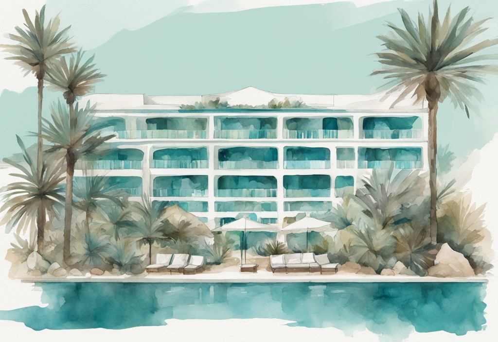 Minimalistisk akvarellillustration av Nestor Hotel Ayia Napa med arkitektur, frodiga trädgårdar och närliggande strand, i färgtemat teal.