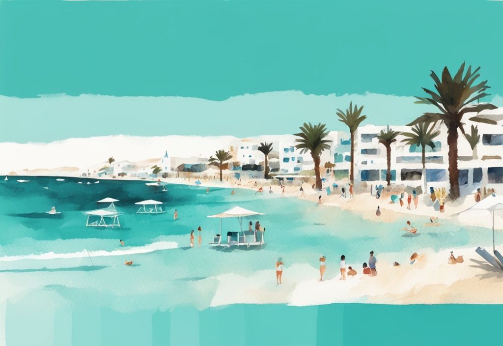 Minimalistisk akvarellillustration av Ayia Napa Nissi Beach med turkost vatten, vit sand och turister som njuter av soligt väder.