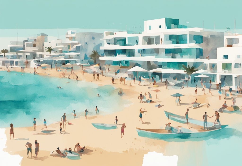 Minimalistisk akvarellillustration av Ayia Napa 2024 med människor som njuter av vattensporter i det kristallklara havet och moderna, pittoreska strandbyggnader i bakgrunden.