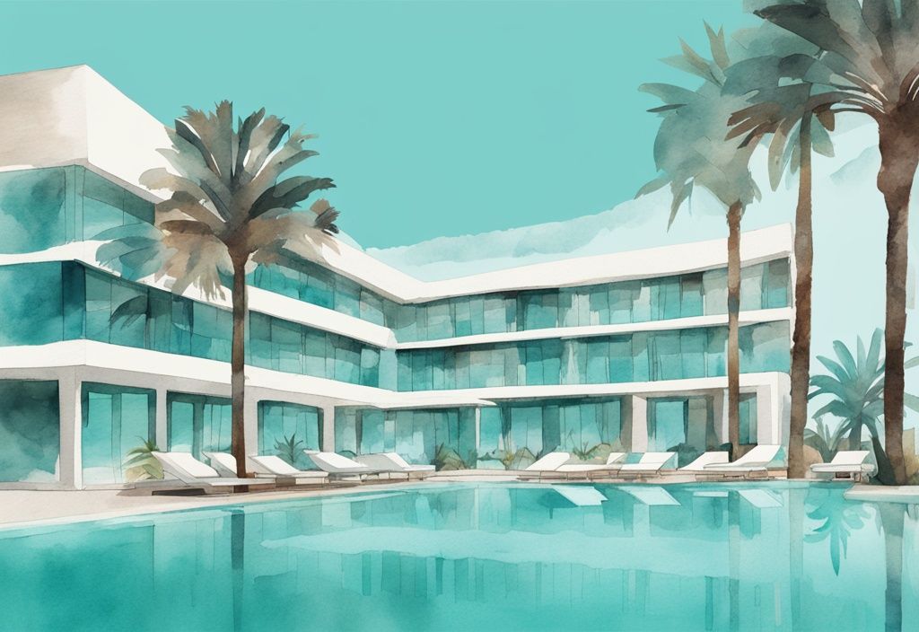 Minimalistisk akvarellillustration av Eleana Hotel Ayia Napa med klarblå pool och exotiska palmer.