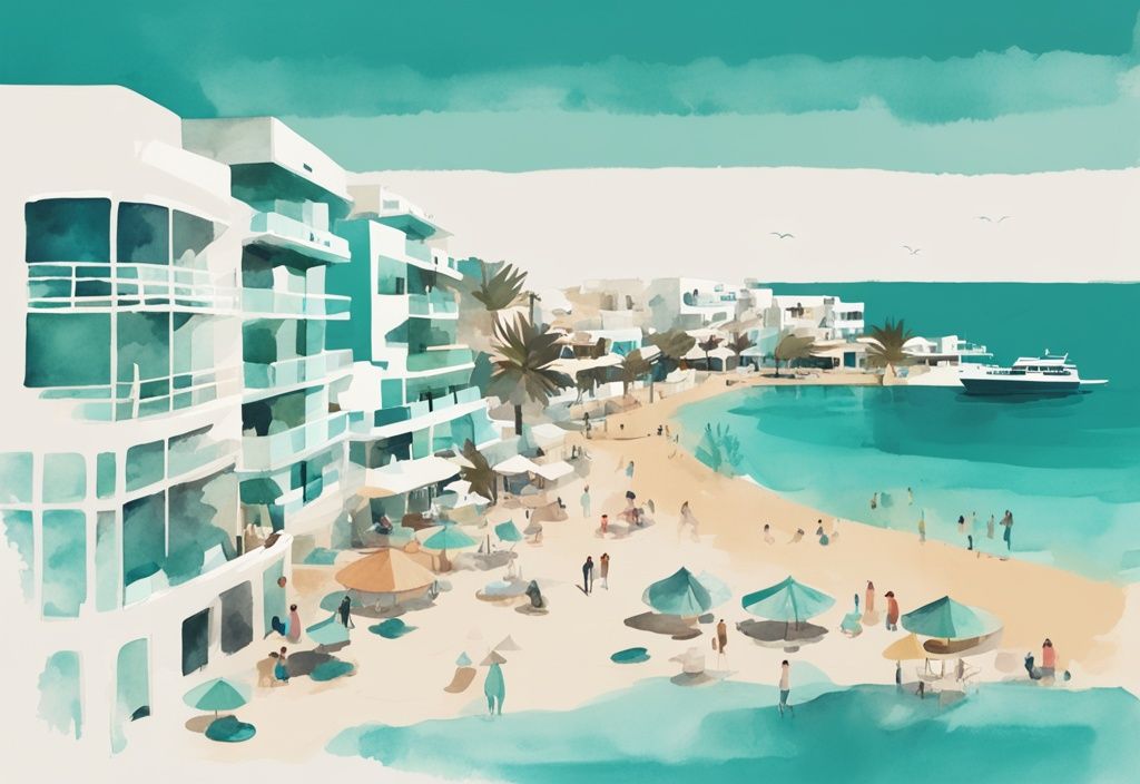 Minimalistisk akvarellillustration av en livlig kustvy med moderna hotell och ett pulserande nattliv i Ayia Napa, med spännande utvecklingar för år 2024, i dominerande teal färg.