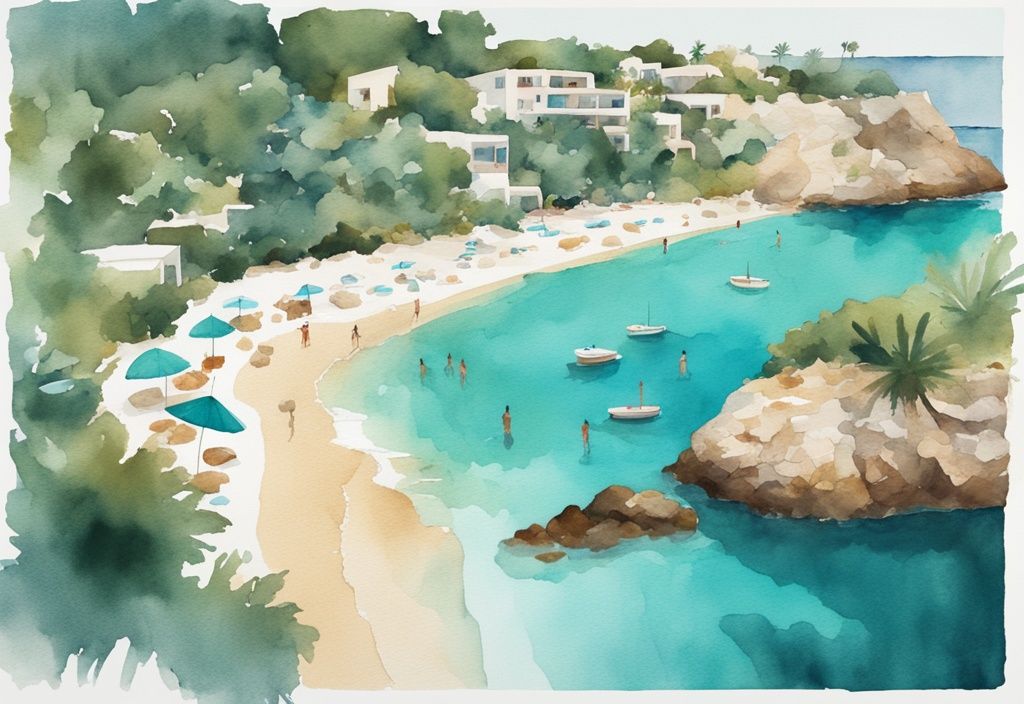 Minimalistisk akvarellillustration av Sandy Bay Ayia Napa, med teal färgtema, lugnt blått vatten, grönska och färgglada strandparasoller.