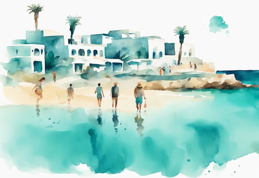 Minimalistisk akvarellillustration av glada turister som utforskar azurblå vatten, fantastiska stränder och historiska landmärken i Ayia Napa, med huvudfärgtema i teal.