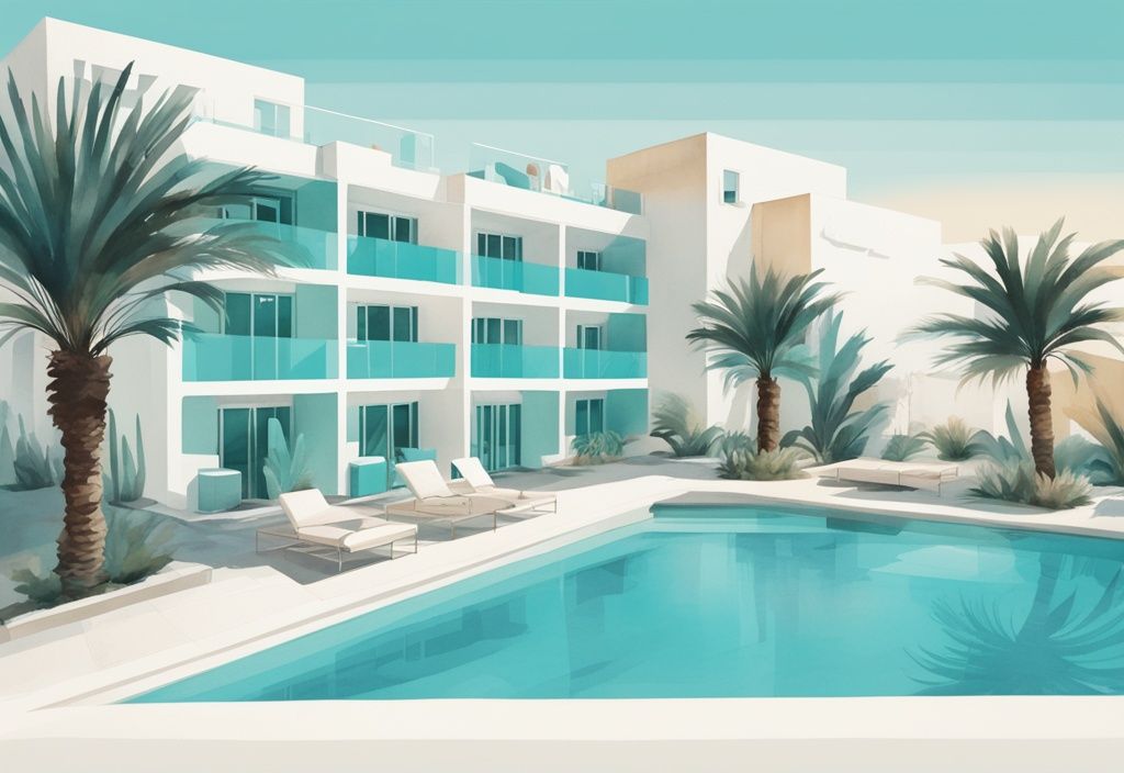 Minimalistisk akvarellillustration av Liquid Hotel Apartments Ayia Napa med lyxig exteriör, palmer och lugn pool under klarblå himmel.