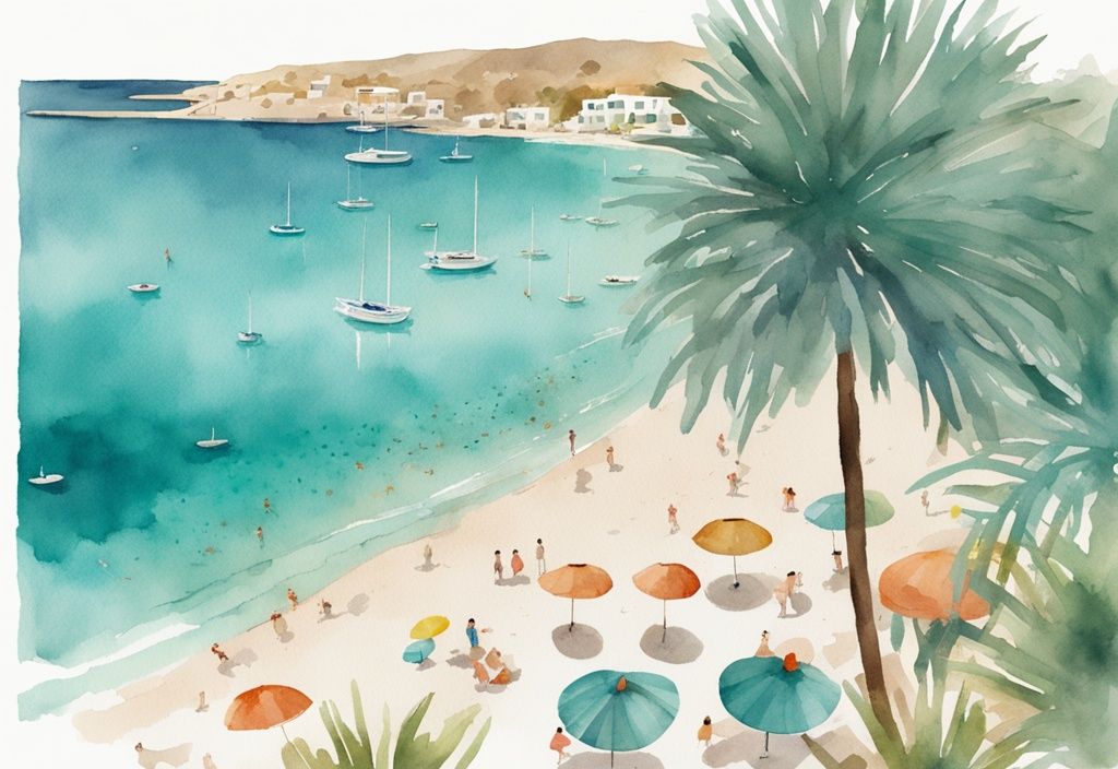 Minimalistisk akvarellillustration av Sandy Bay Ayia Napa, med en lugn blå vik omgiven av grönska och färgglada strandparasoller.