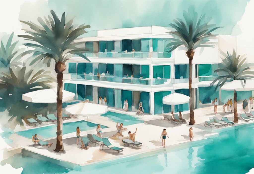 Minimalistisk akvarellillustration av ett lyxigt boende Ayia Napa med utsikt över byggnaden, en stor pool med människor, omgiven av palmer och det fascinerande Medelhavet i bakgrunden.