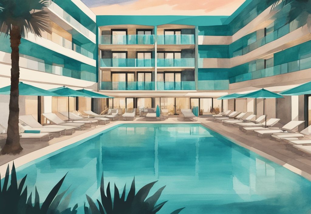 Minimalistisk akvarellillustration av lyxiga suites by Melpo Ayia Napa med smakfullt inredd interiör och fantastisk utsikt över havet.