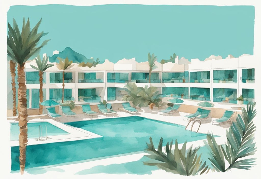 Minimalistisk akvarellillustration av Anthea Hotel Ayia Napa med turkosa pooler, solstolar och tropisk grönska.