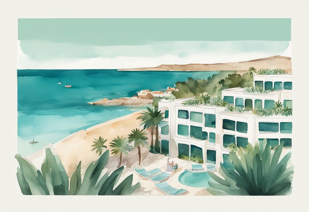 Minimalistisk akvarellillustration av Eligonia Ayia Napa med soliga pooler, frodiga gröna trädgårdar och lugnande Medelhavet i bakgrunden.