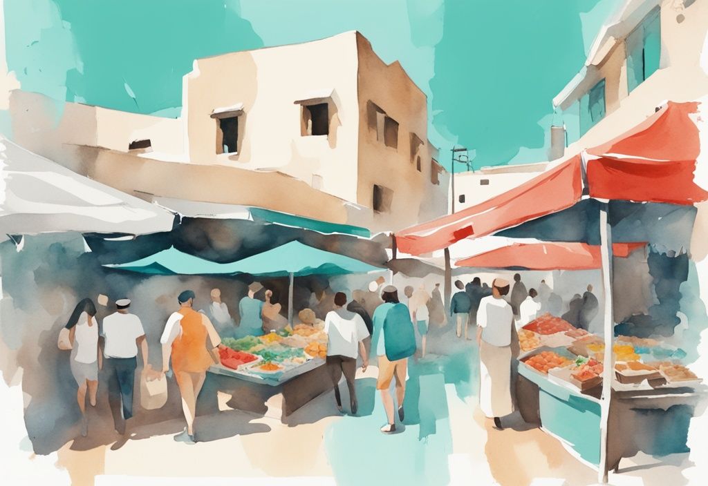 Minimalistisk akvarellillustration av en livlig marknadsscen i Ayia Napa, Cypern med prisetiketter på lokala varor, turist souvenirer och exotisk mat - priser i cypern ayia napa.