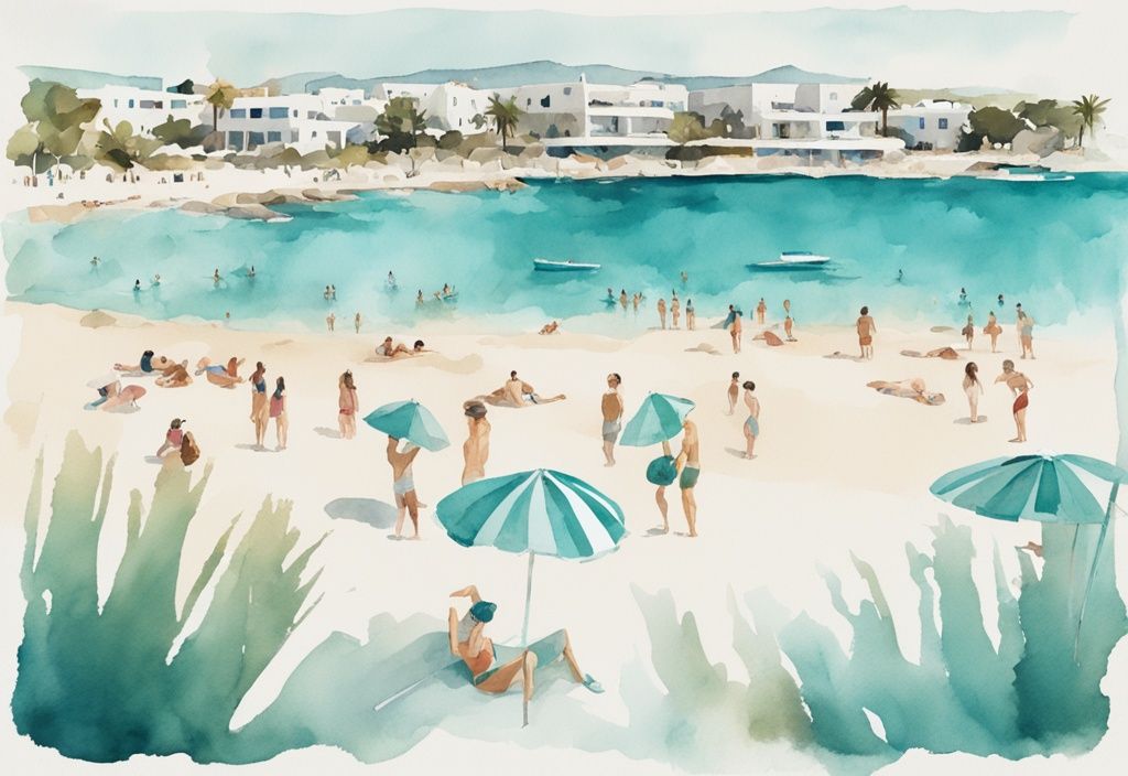 Minimalistisk akvarellillustration av Ayia Napa Nissi Beach med kristallklart vatten, vit sand och turister som njuter av soligt väder, huvudsaklig färgtematik i teal.