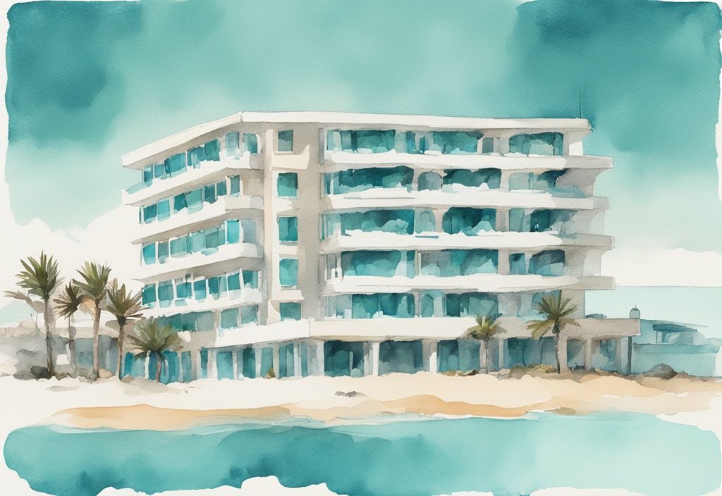 Minimalistisk akvarellillustration av Kai Beach Hotel i Ayia Napa med elegant arkitektur, vit sandstrand och azurblått hav, dominerande färgtema är teal.