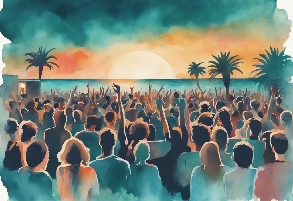 Minimalistisk akvarellillustration av en exalterad publik som njuter av en färgstark och energisk musikfest vid den ikoniska Ayia Napa-kusten under en fantastisk skymningshimmel. Keyword: ayia napa fest