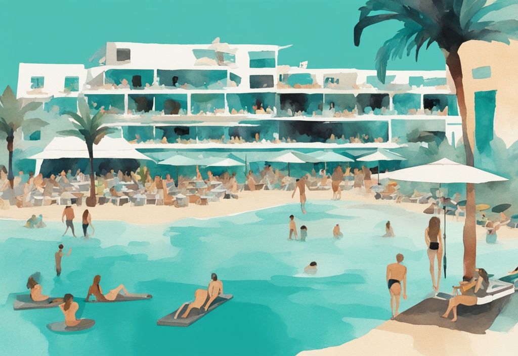 Minimalistisk akvarellillustration av ett livligt lyxigt strandklubb i Ayia Napa med solstolar, parasoller, festdeltagare och en DJ vid turkosa Medelhavet.