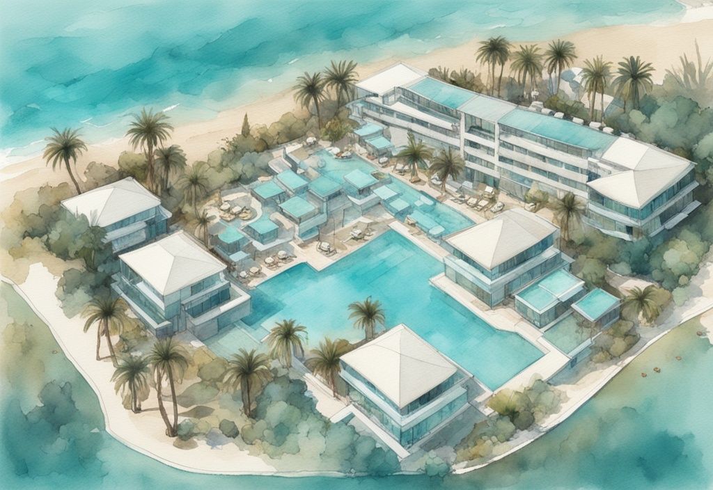 Minimalistisk akvarellillustration av Atlantica Callisto resort i Ayia Napa med turkosa pooler, palmer och Medelhavet i bakgrunden.